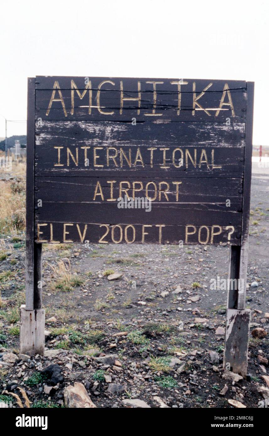 A view of a sign at the airfield on the island. The airfield was used by units participating in exercise Kernal Potlatch '89. Subject Operation/Series: KERNAL POTLATCH '89 Base: Amchitka Island State: Alaska (AK) Country: United States Of America (USA) Stock Photo