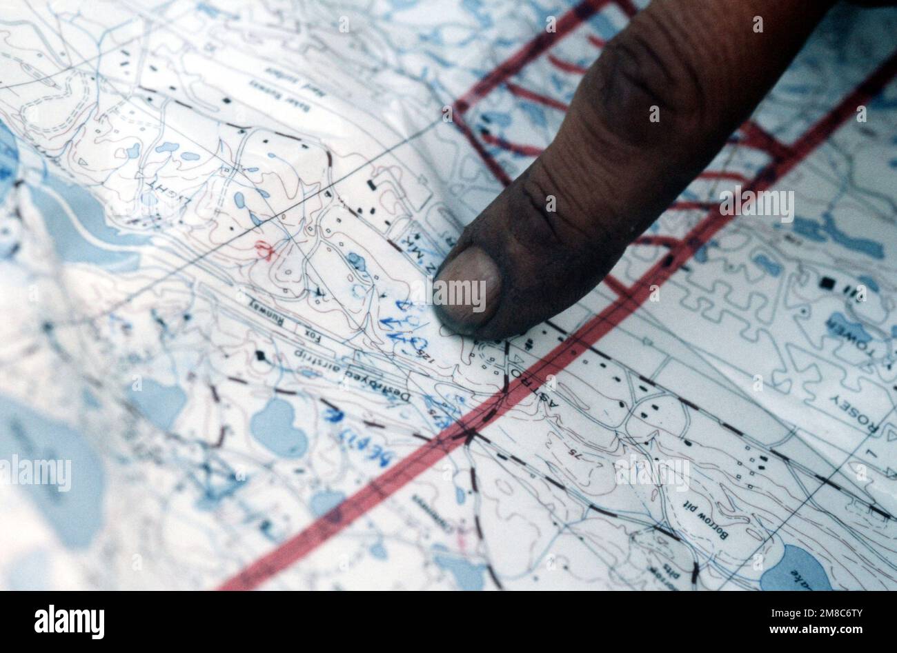 A close-up view of a map used by the commanding officer of Co. C, 2nd Bn., 297th Infantry Group (Scout), Alaska National Guard, during exercise Kernal Potlatch '89. Subject Operation/Series: KERNAL POTLATCH '89 Base: Amchitka Island State: Alaska (AK) Country: United States Of America (USA) Stock Photo