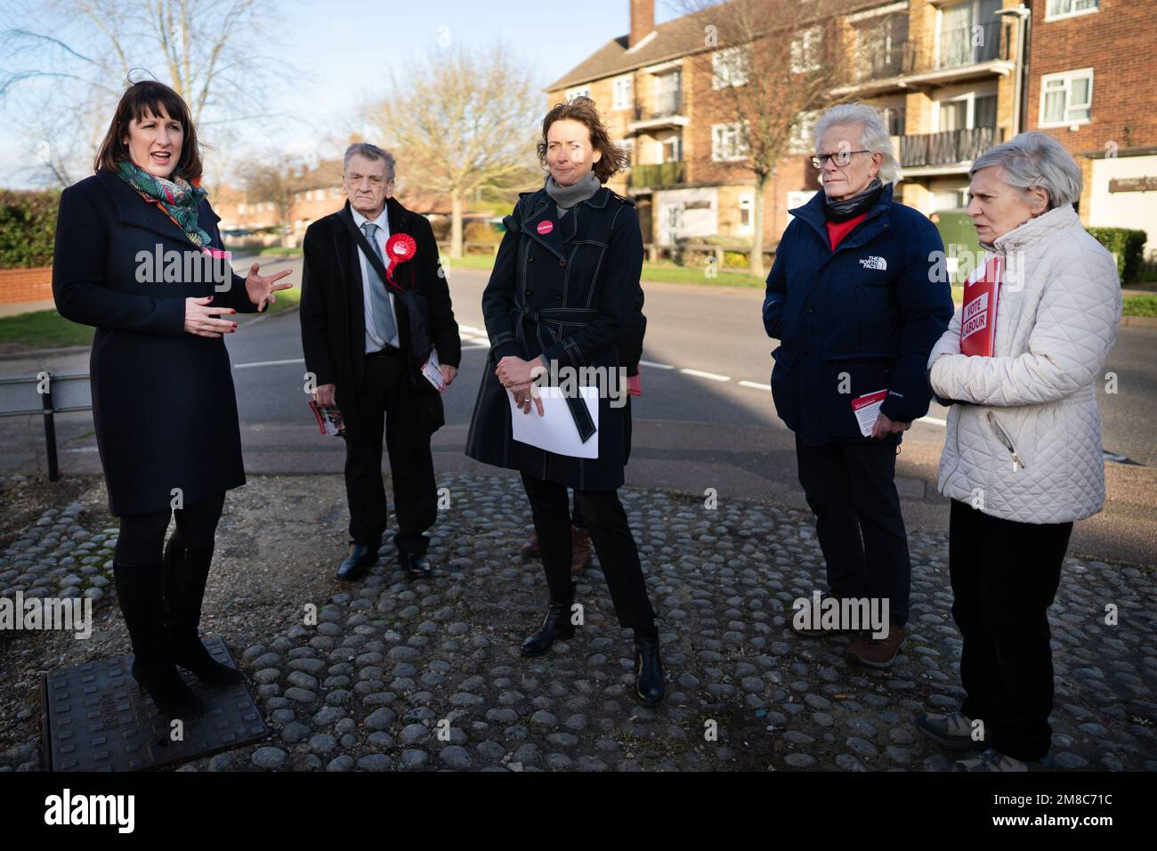 Shadow chancellor Rachel Reeves (far left) meets Labour activists before canvassing voters in Colchester in Essex after earlier visiting Colchester Hospital where she and shadow health secretary, Wes Streeting met patients and staff. Picture date: Friday January 13, 2023. Stock Photo