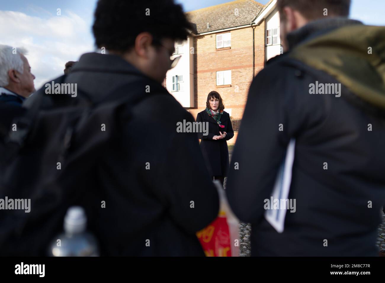 Shadow chancellor Rachel Reeves meets Labour activists before canvassing voters in Colchester in Essex after earlier visiting Colchester Hospital where she and shadow health secretary, Wes Streeting met patients and staff. Picture date: Friday January 13, 2023. Stock Photo