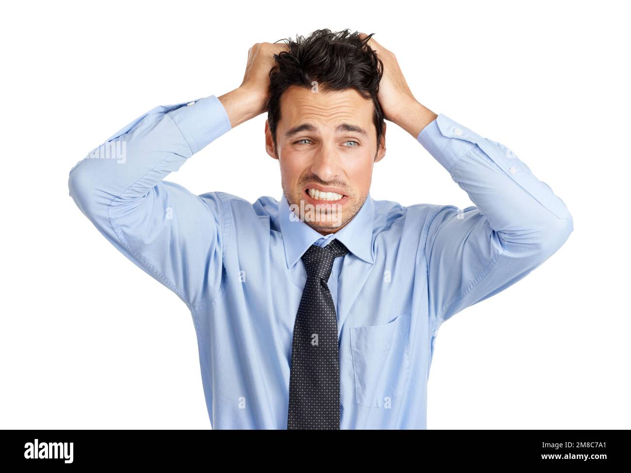 Businessman, nervous and pulling hair on studio background in finance fraud, money laundering mistake and company stock loss. Worker stress Stock Photo