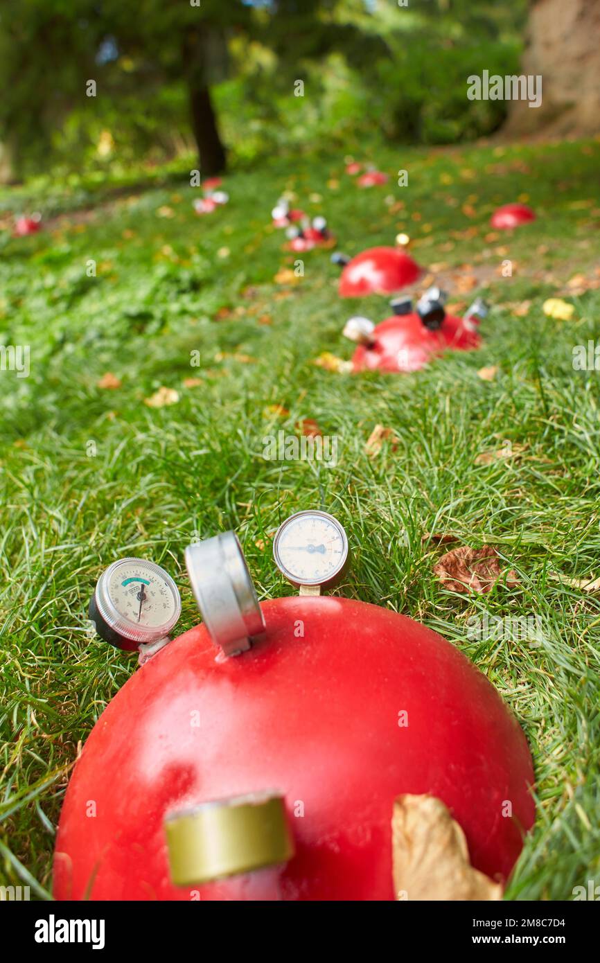 Many air pressure gauges in the compressor receiver in the green grass ...