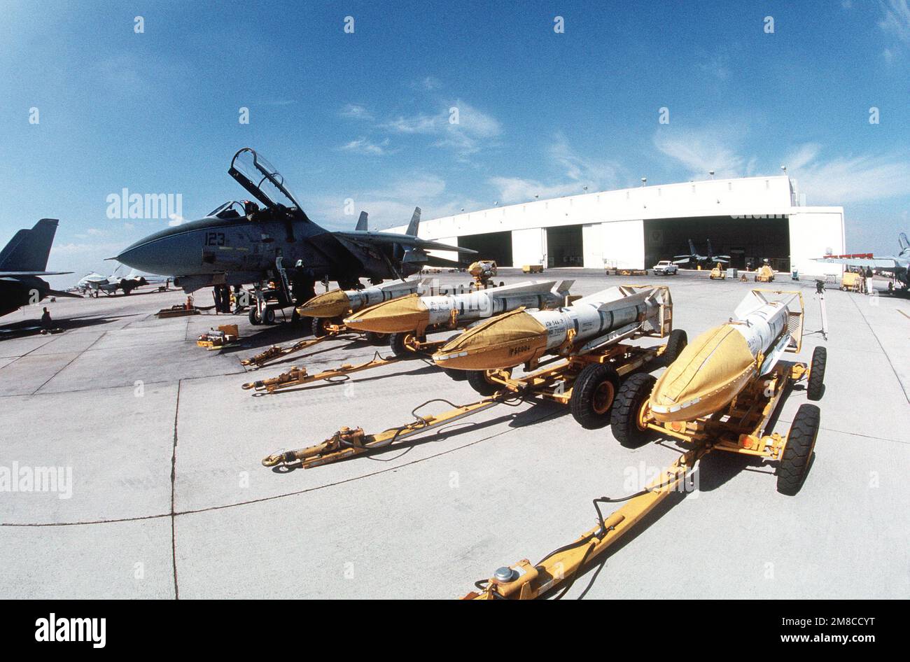 Four ATM54A dummy Phoenix missiles rest on their trailers beside a