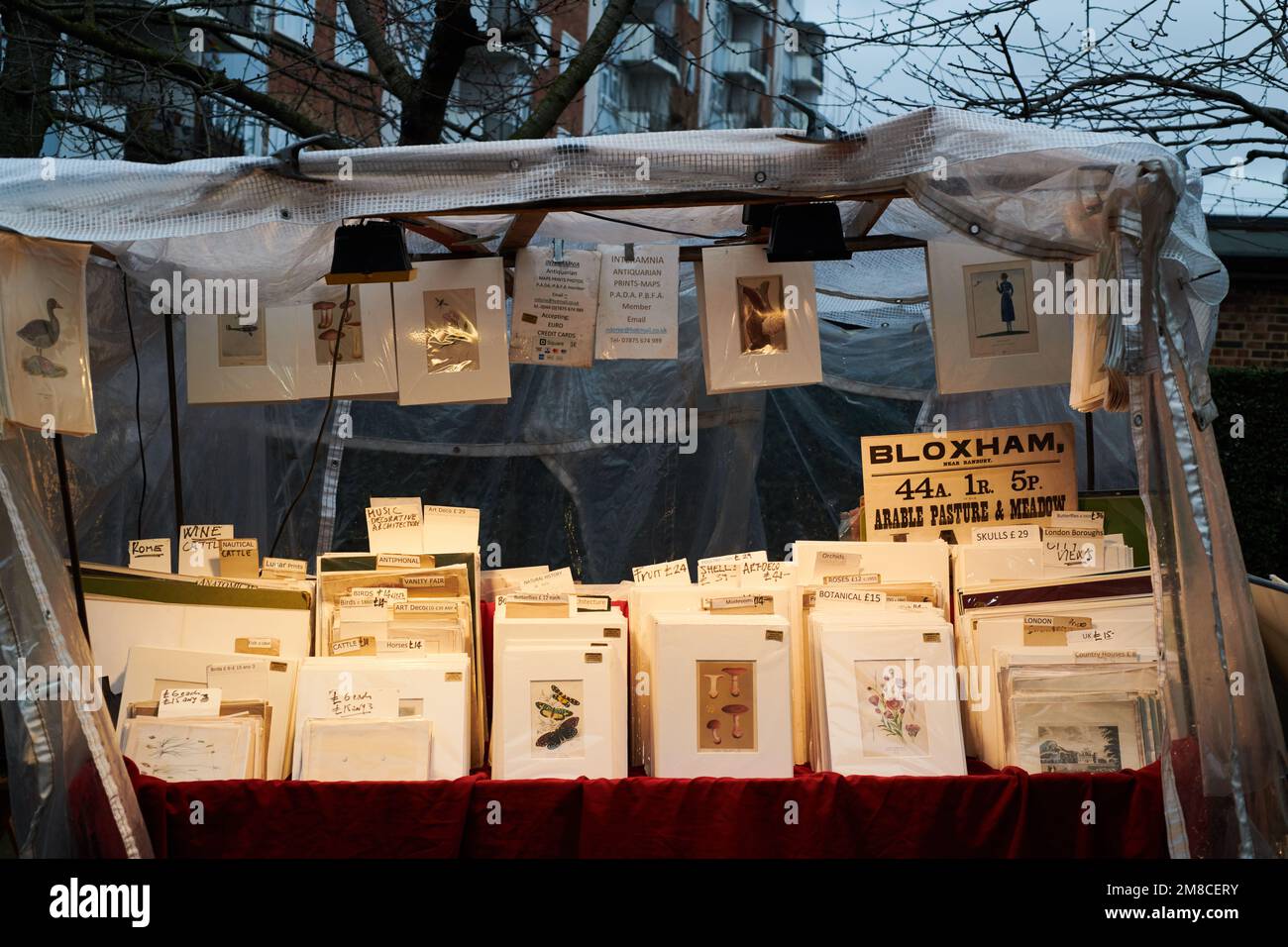 Stall at Portobello Market in London selling original prints Stock