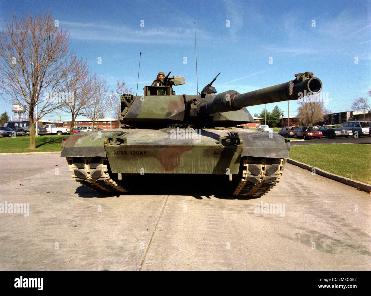 Forward view of an M1A1 Abrams main battle tank at the U.S. Army Armor