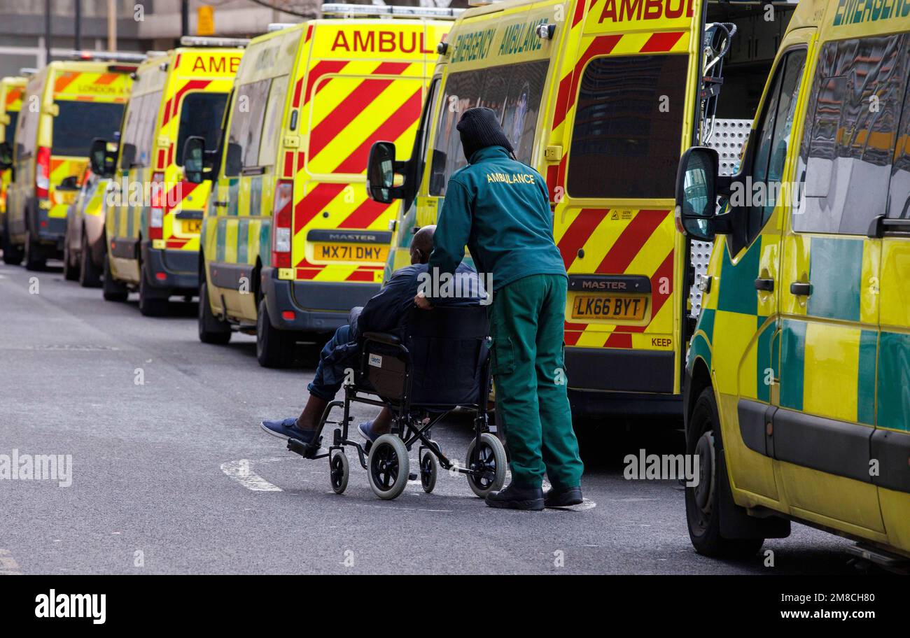NHS ambulances outside the Royal London Hospital in Whitechapel. Ambulance workers have been holding strikes to ask for better pay and conditions. Stock Photo