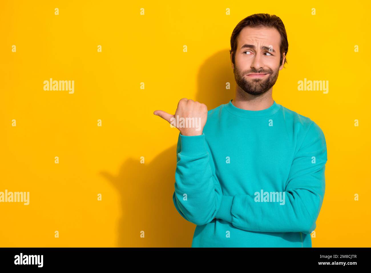 Photo of funny look empty space suspicious grimace student guy wear ...