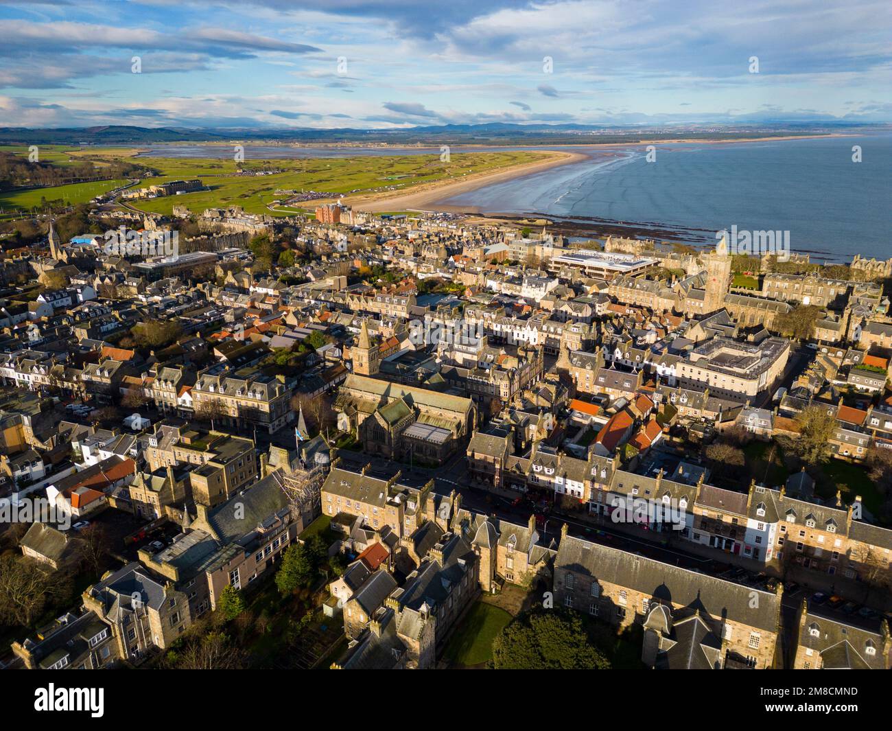 Aerial view from drone of St Andrews town in Fife, Scotland, Uk Stock