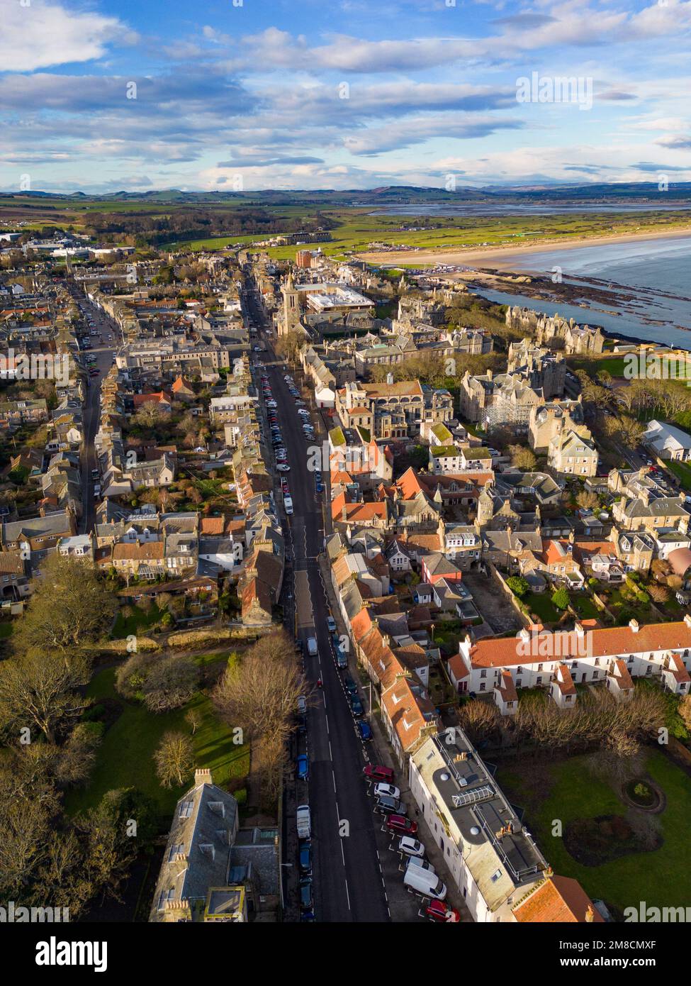 Aerial view from drone of St Andrews town in Fife, Scotland, Uk Stock