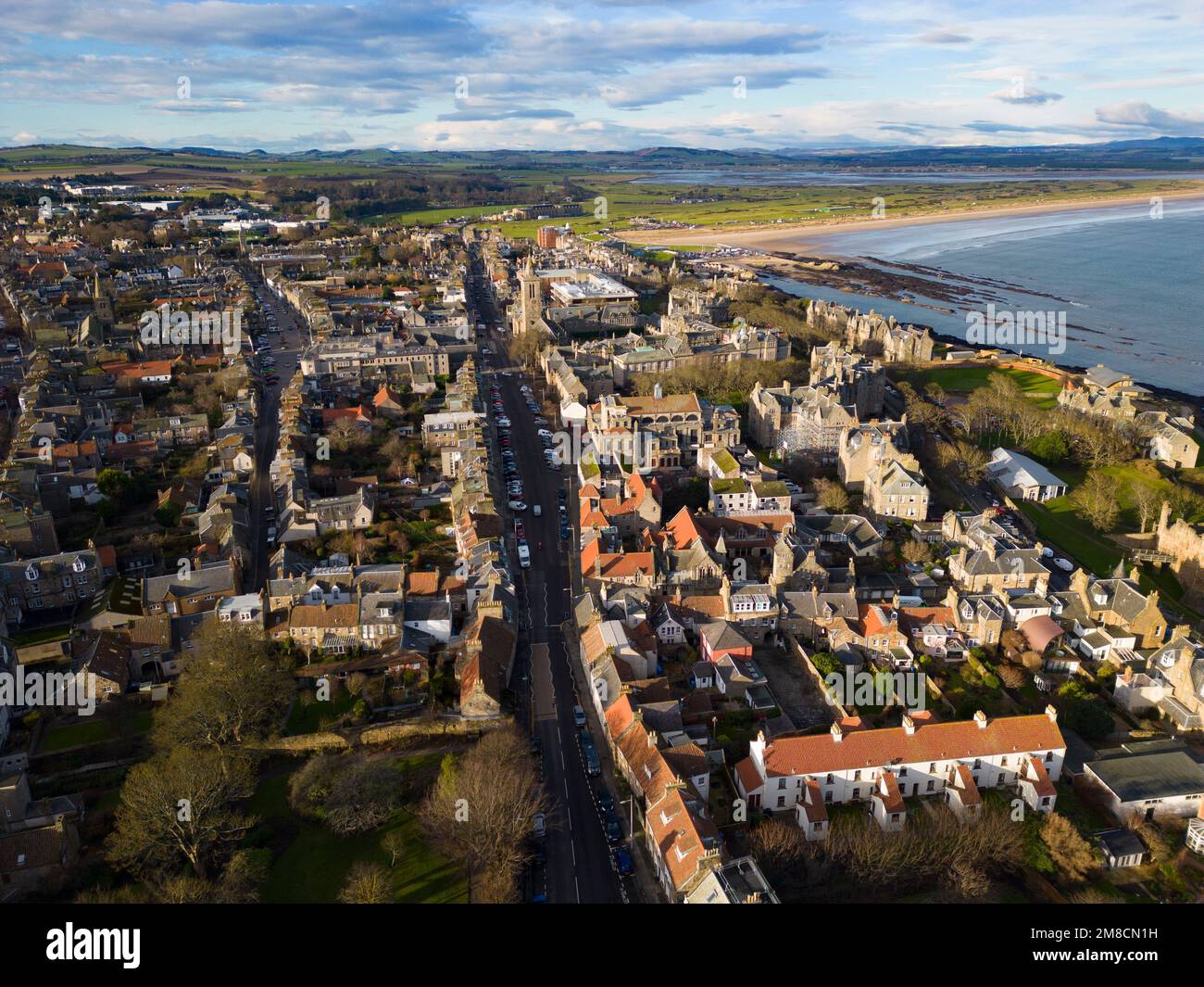 Aerial view from drone of St Andrews town in Fife, Scotland, Uk Stock