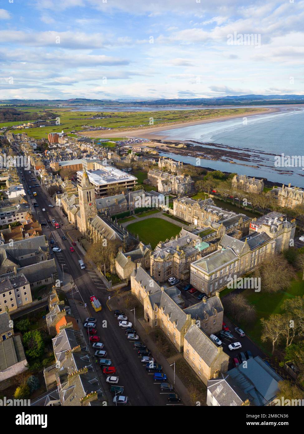 Aerial view from drone of St Andrews University town in Fife, Scotland