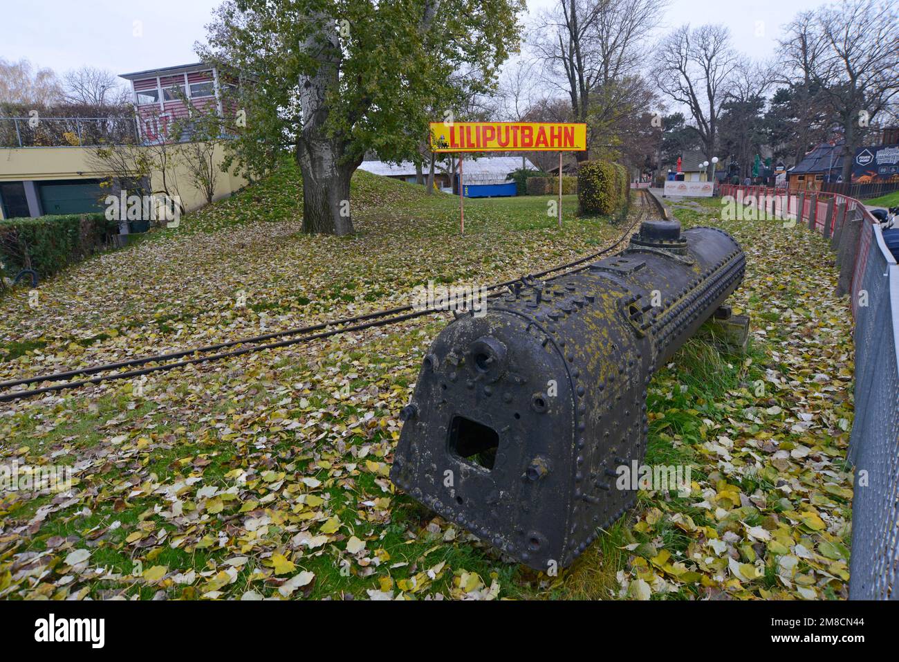 A redundant steam loco boiler on display at the liliput bahn, miniature railway in Parate Park, Vienna, Austria Stock Photo