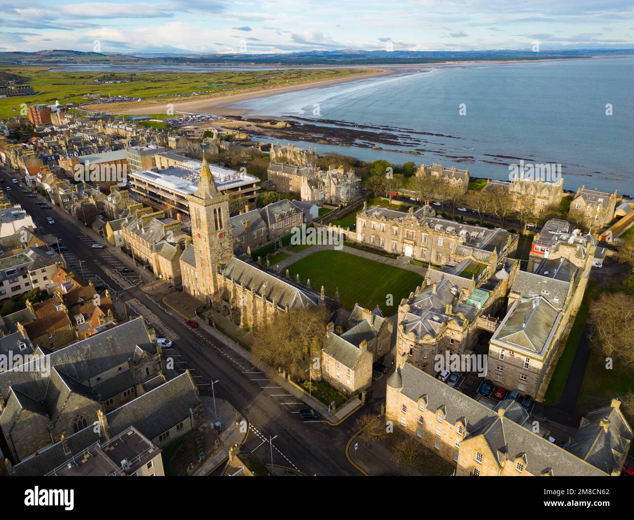 Aerial view from drone of St Salvators Chapel and Quad at St Andrews