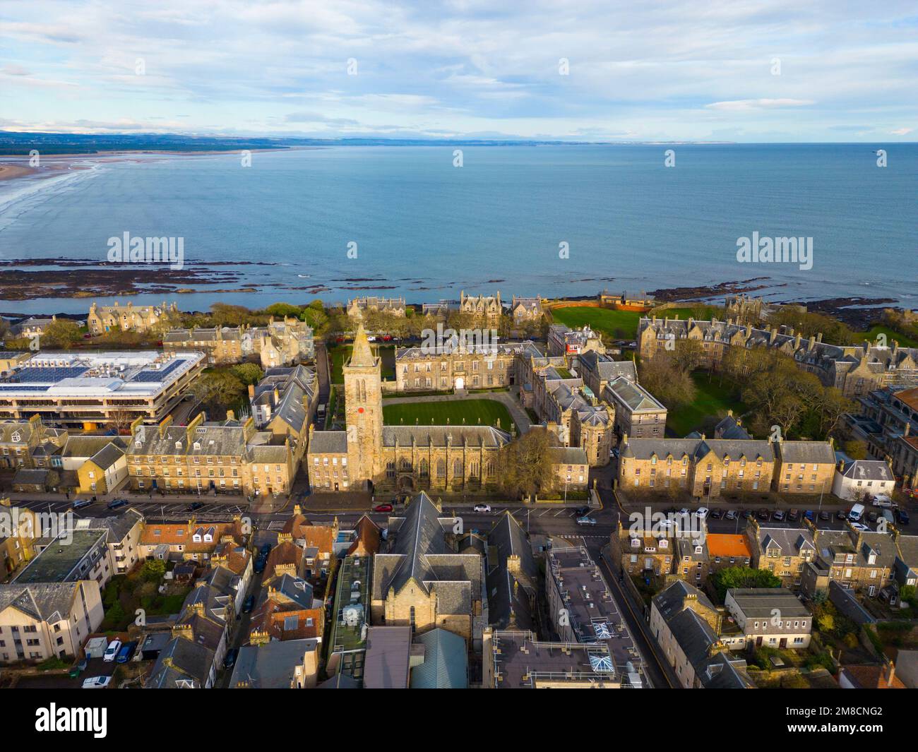 Aerial view from drone of St Salvators Chapel and Quad at  St Andrews University in Fife, Scotland, Uk Stock Photo