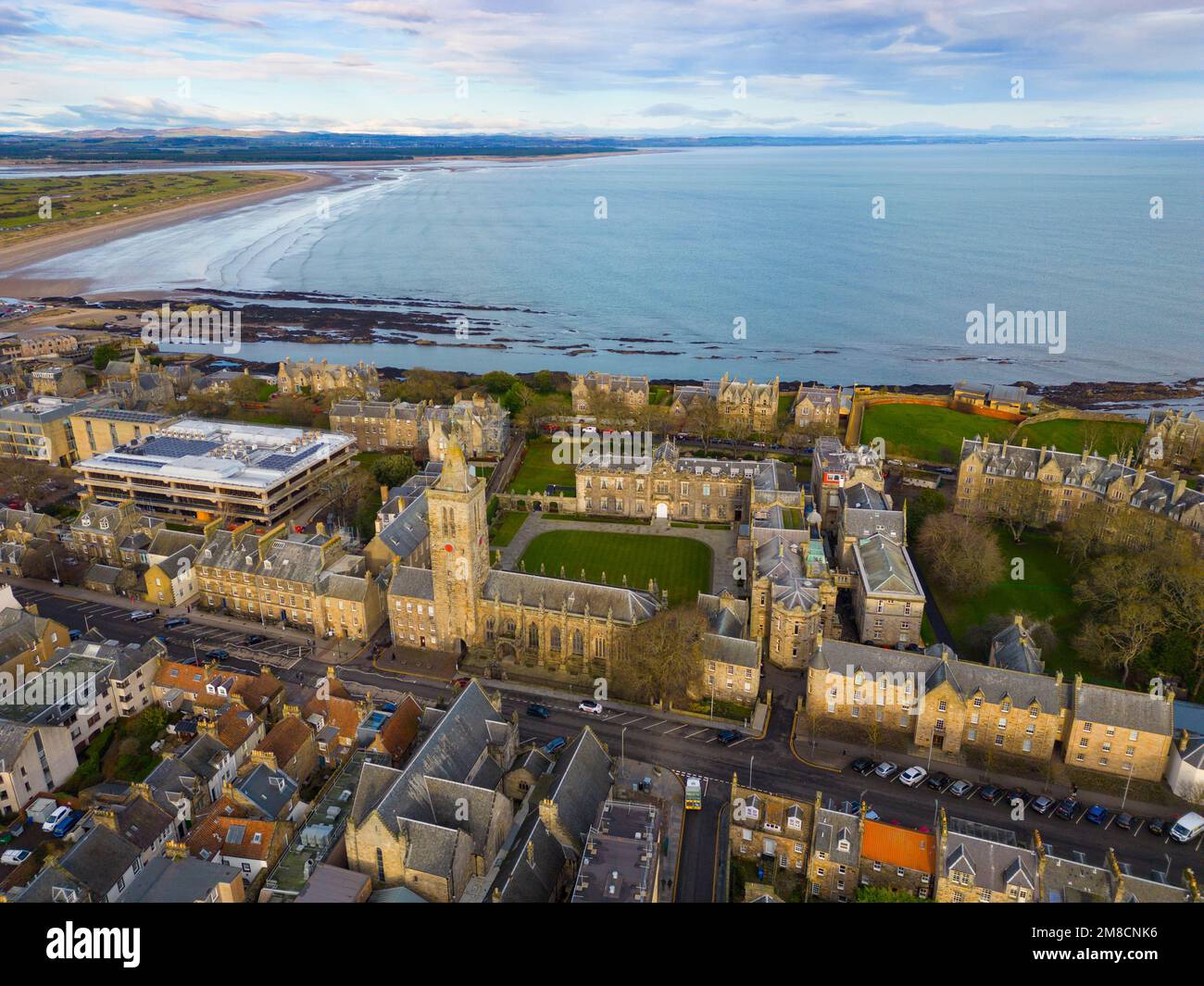 Aerial view from drone of St Salvators Chapel and Quad at  St Andrews University in Fife, Scotland, Uk Stock Photo