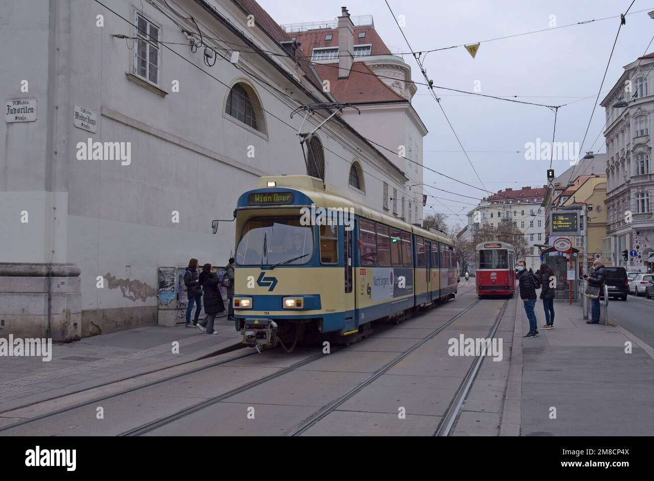 Wiener Lokalbahn 100 series high floor tram in Vienna, Austria. December 2022 Stock Photo