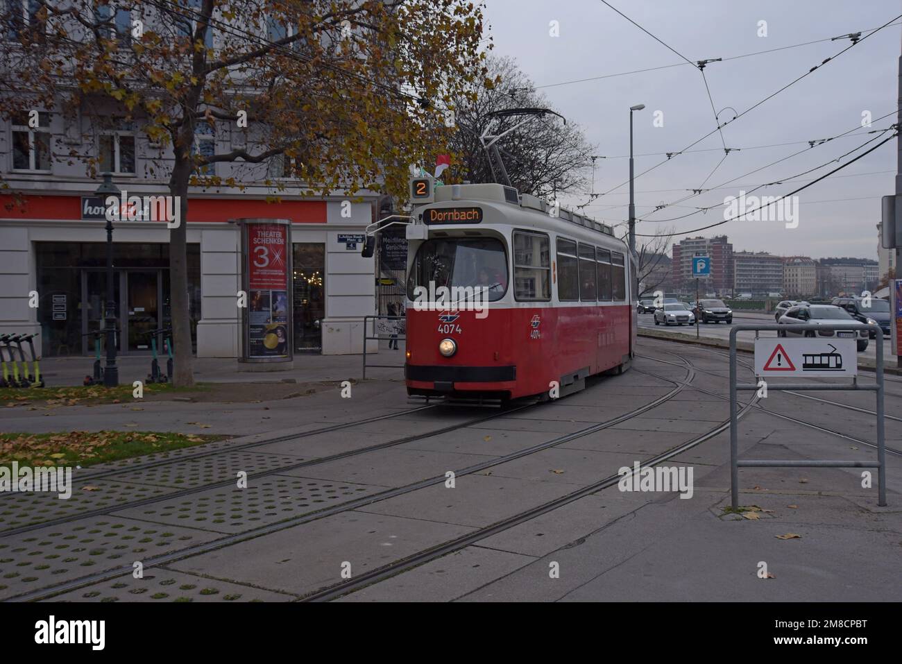 Type E2+c5.high floor tram operating in Vienna, Austria. December 2022 Stock Photo