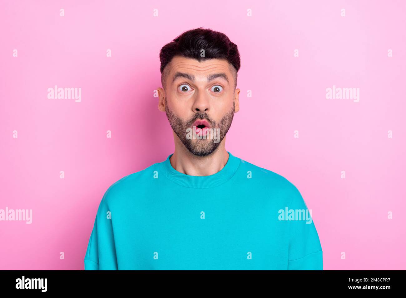 Photo of young pouted lips excited guy hair impressed reaction shocked how expensive