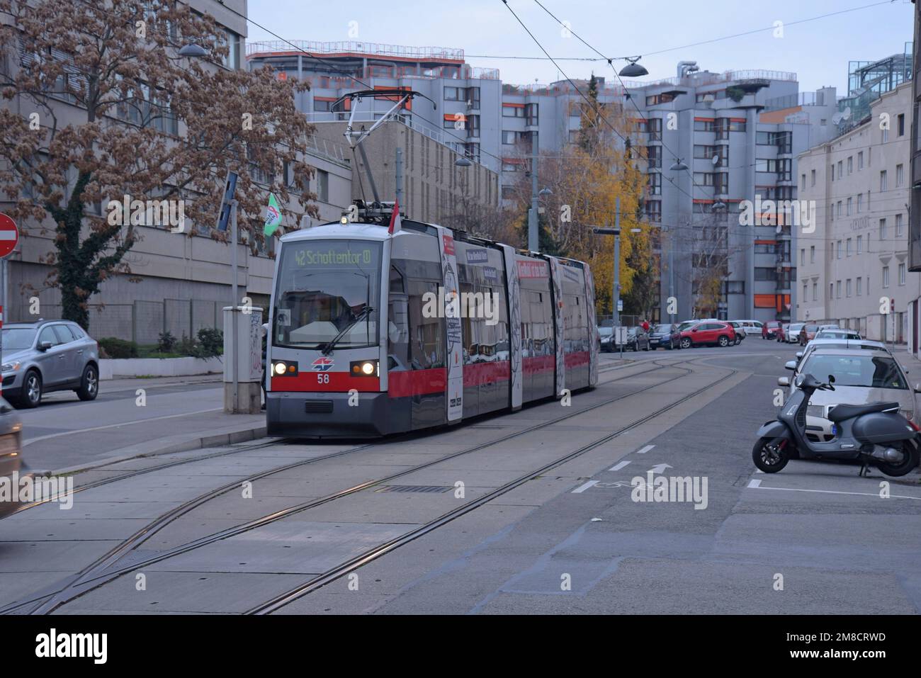 A Vienna tram at the tram stop used as the location tram stop nearest Kara Milovy's apartment (adjacent)  in James Bond 007 film The Living Daylights Stock Photo