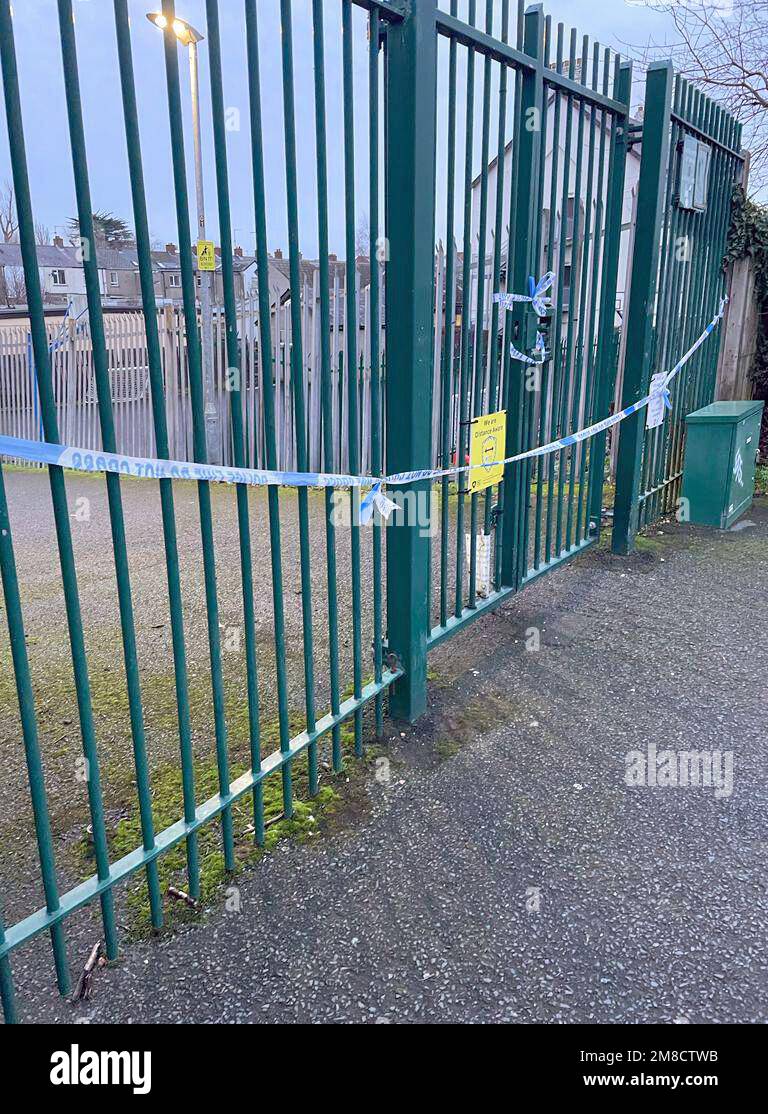 The sealed-off Lord Lurgan Park in Lurgan where Shane Whitla was found with multiple gunshot wounds. Detectives investigating the killing of father-of-four have condemned the actions of those responsible, calling it a 'senseless murder'. Picture date: Friday January 13, 2023. Stock Photo