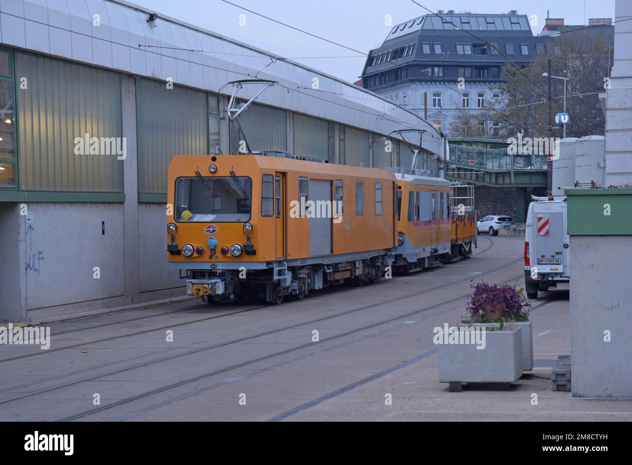 Maintenance and repair vehicles for the Vienna Metro network parked alongside the depot in Betriebsbahnhof Michelbeuern, Vienna, Austria. Dec 202s Stock Photo