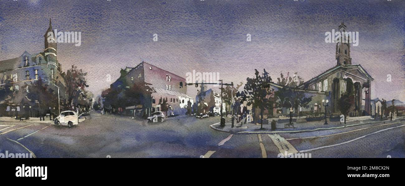 Chillicothe, Ohio downtown historic center. Watercolor painting