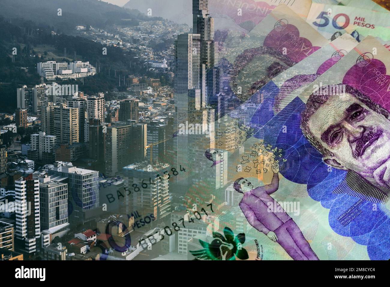 Bogota city and Colombian peso bills in cash (tourism, travel, economy, money, inflation, crisis, markets, finance, business) Stock Photo