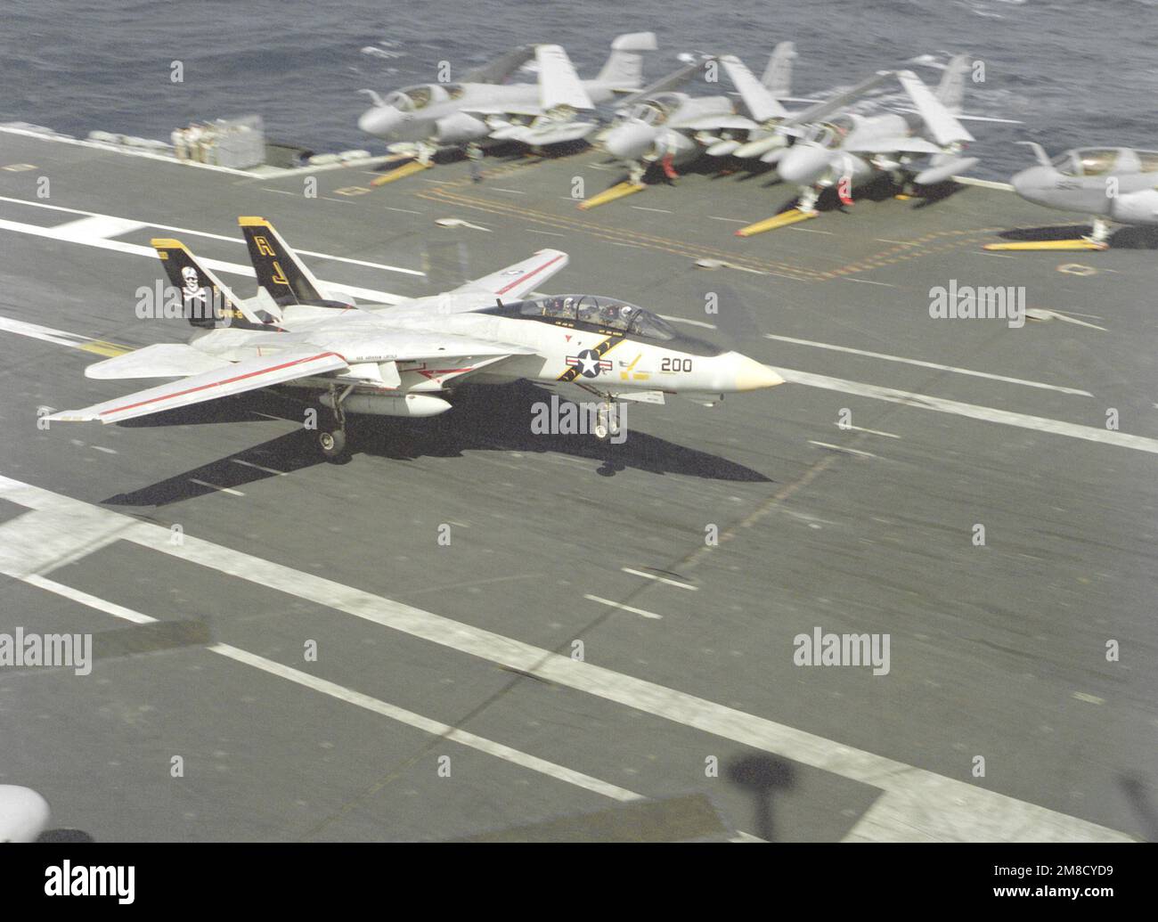 A Fighter Squadron 84 (VF-84) F-14A Tomcat aircraft comes in for an ...