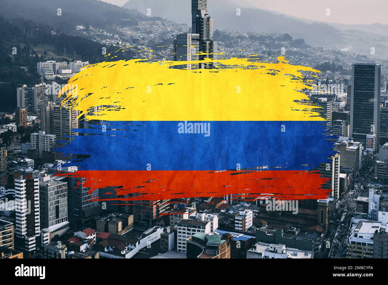 Colombia flag and Bogota city background (tourism, travel, business, elections) Stock Photo
