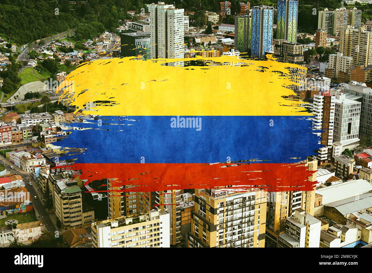 Colombia flag and Bogota city background (tourism, travel, business, elections) Stock Photo