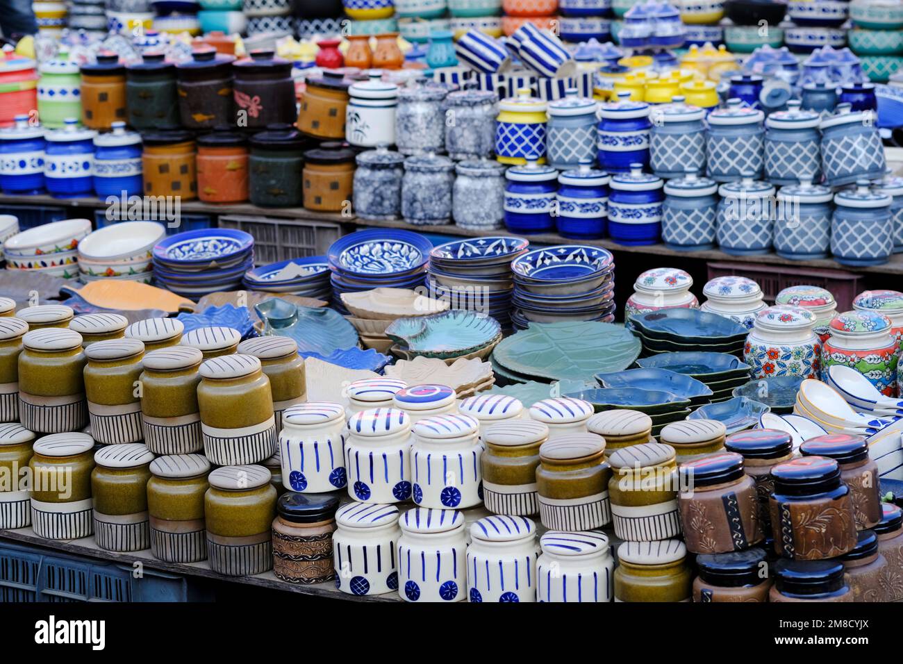 Hand made colorful ceramic pottery. Hand painted pottery. Traditional