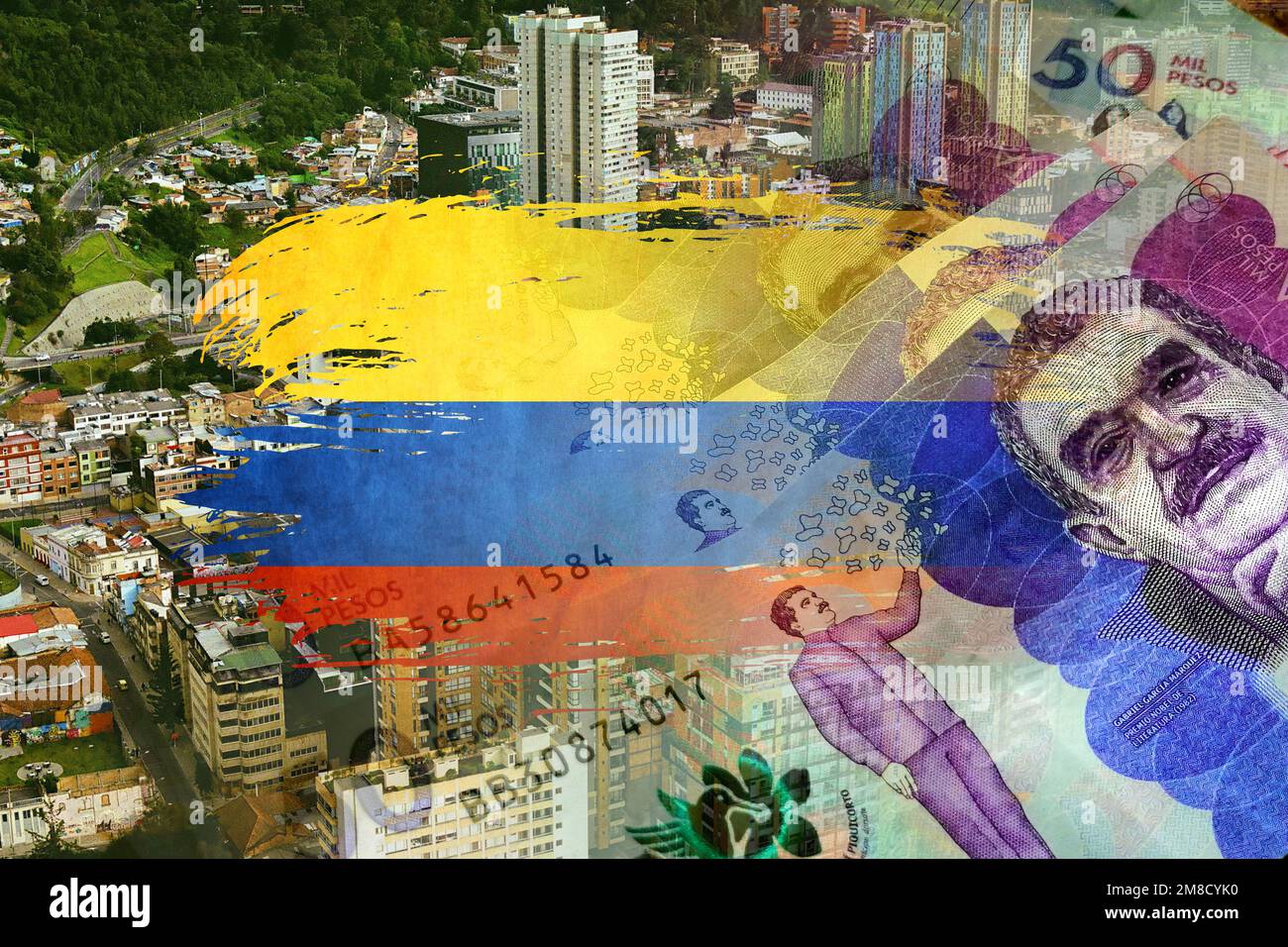 Colombia flag, Colombian peso banknotes in cash and Bogota city background (tourism, travel, economy, money, inflation, crisis, markets, finance) Stock Photo