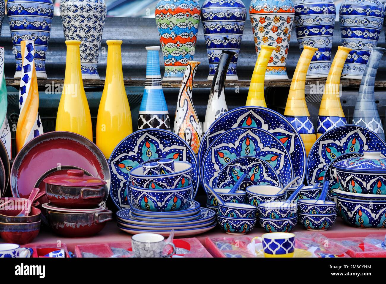 Hand made colorful ceramic pottery. Hand painted pottery. Traditional