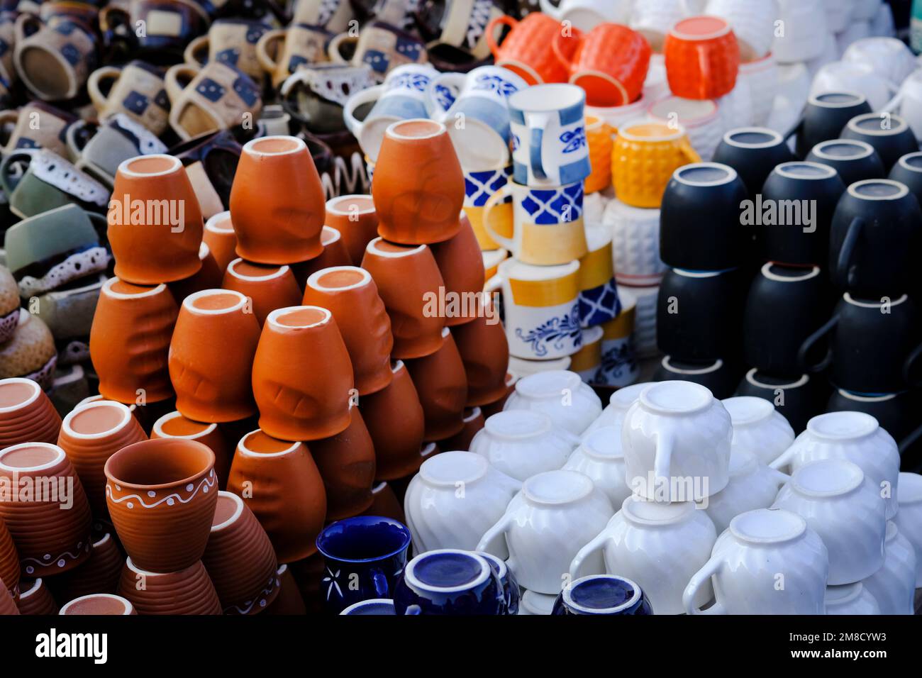 Hand made colorful ceramic pottery. Hand painted pottery. Traditional