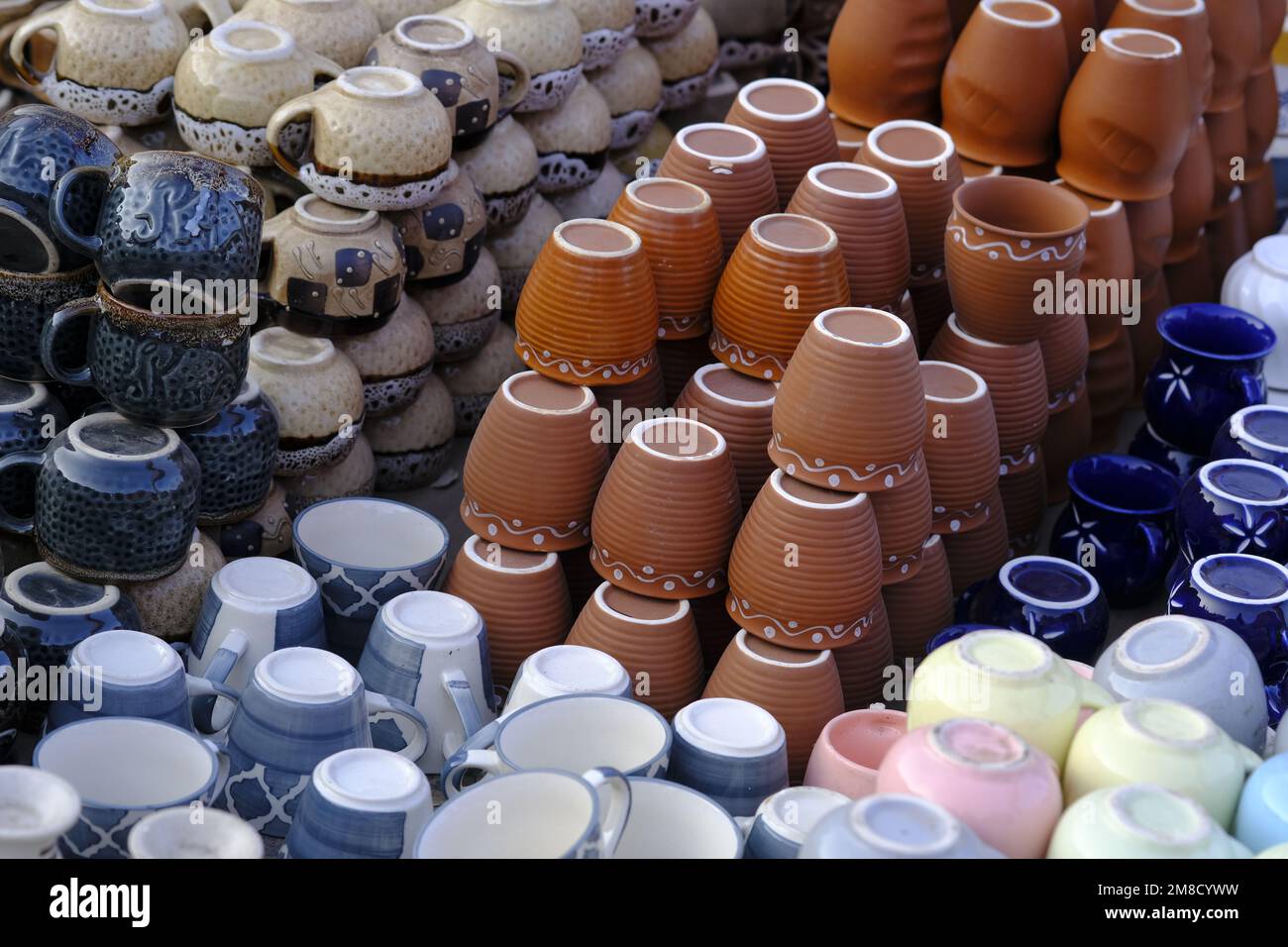 Hand made colorful ceramic pottery. Hand painted pottery. Traditional pottery fair in Pune