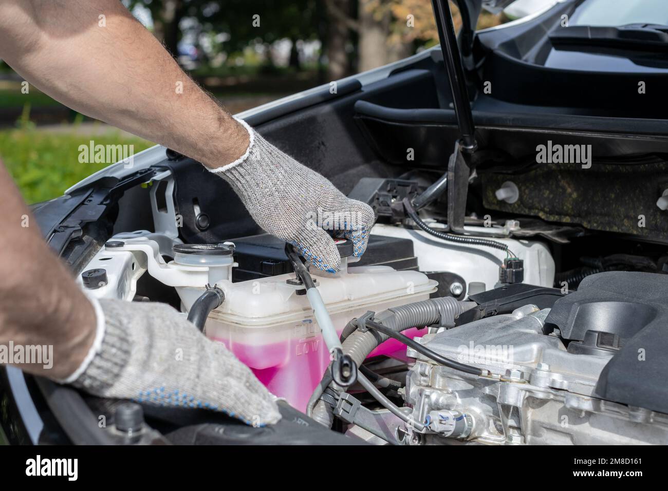 the master checks the level of coolant in the engine of the machine