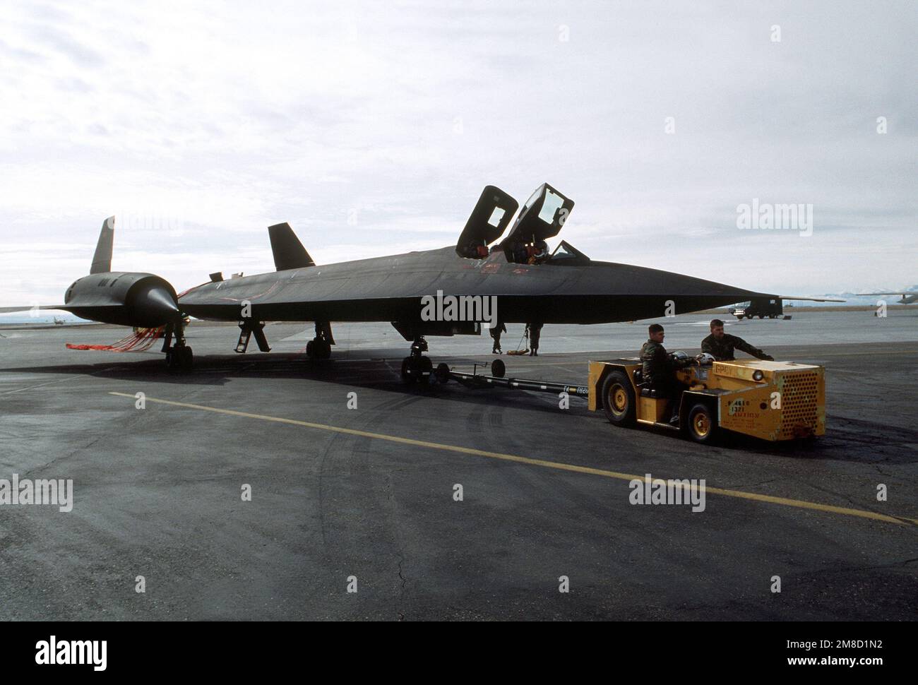 An SR71A highaltitude reconnaissance aircraft is towed from the