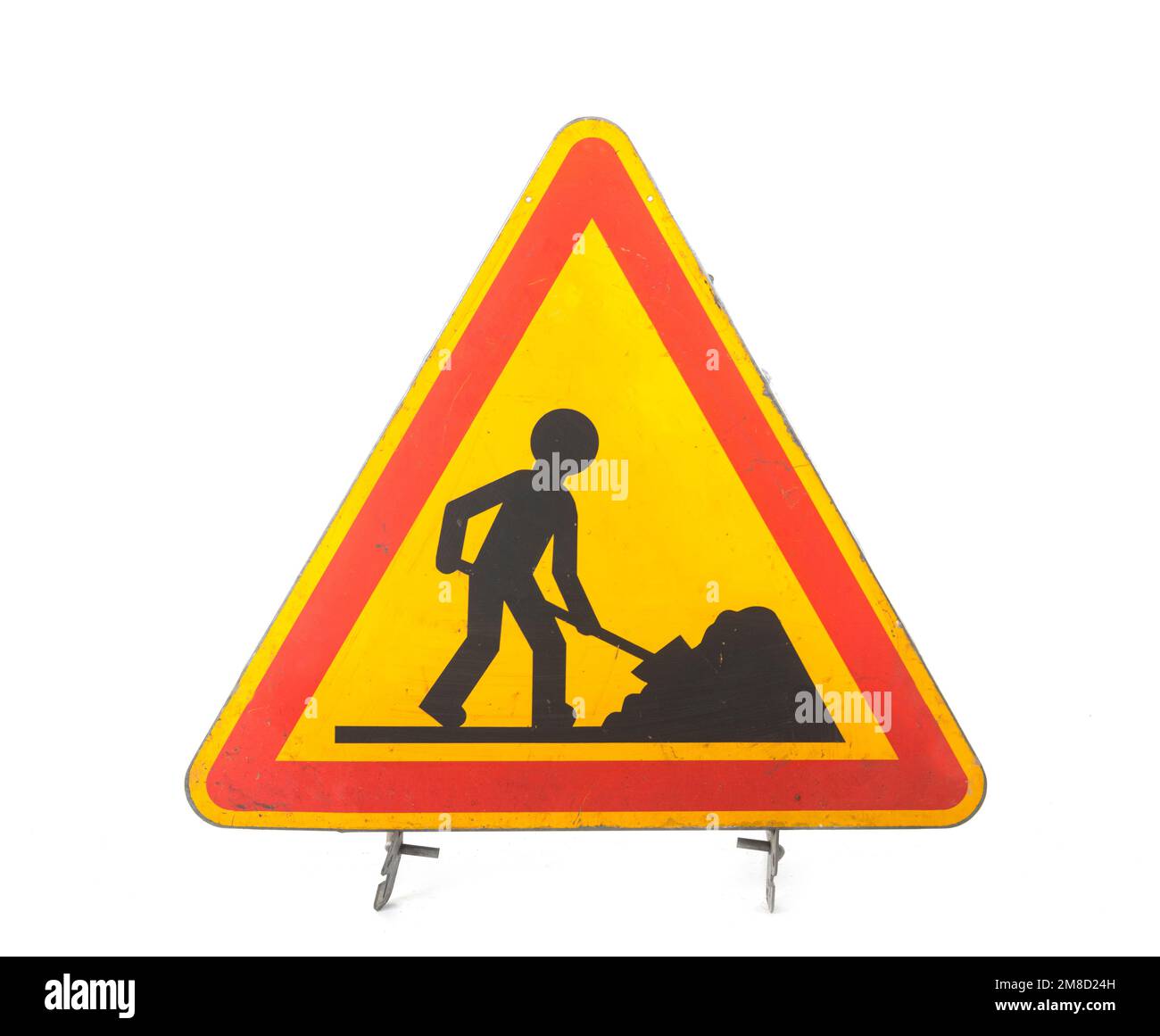 road works sign in front of white background Stock Photo