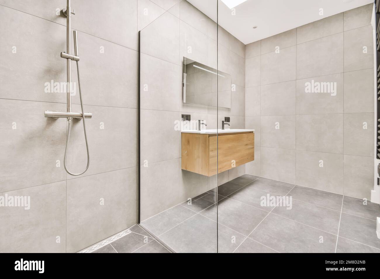 Corner Shower with Mosaic Marble Floor - Transitional - Bathroom