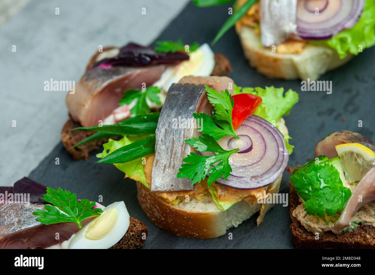 Toasts with salted herring, pate, onion, egg, lettuce, tomato and beetroot. Scandinavian cuisine