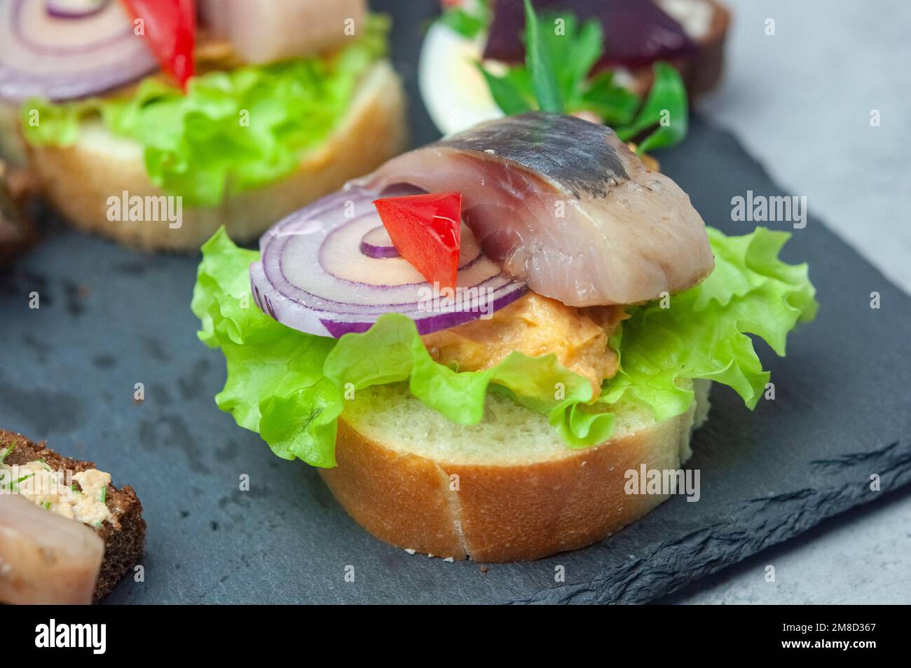 Appetizer with salted herring, pate, onion, egg, lettuce, tomato and beetroot. Scandinavian cuisine. Banner, menu, recipe place for text, top view. Bu Stock Photo