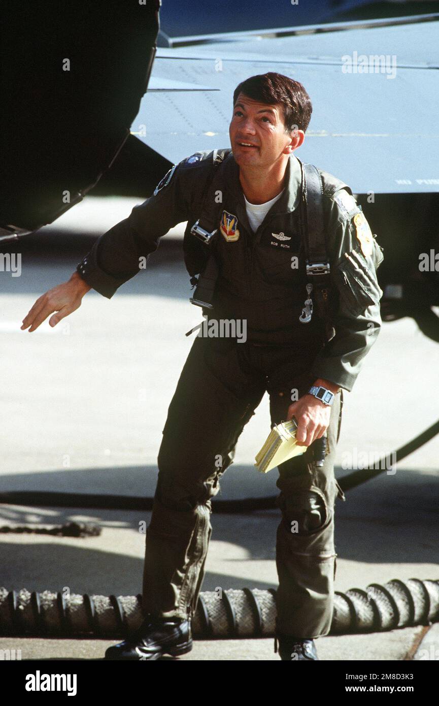 LTC Bob Ruth, commander, 335th Tactical Fighter Squadron, performs a preflight check on his F-4E Phantom II aircraft. Base: Seymour Johnson Air Force Base State: North Carolina (NC) Country: United States Of America (USA) Stock Photo