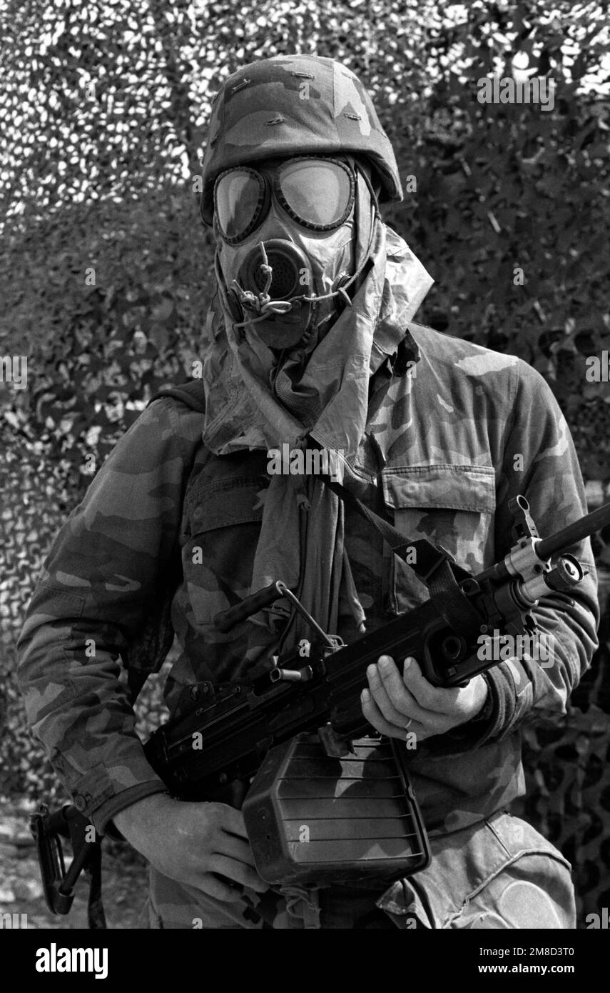 A Marine wearing an M17A1 field protective mask stands ready with his