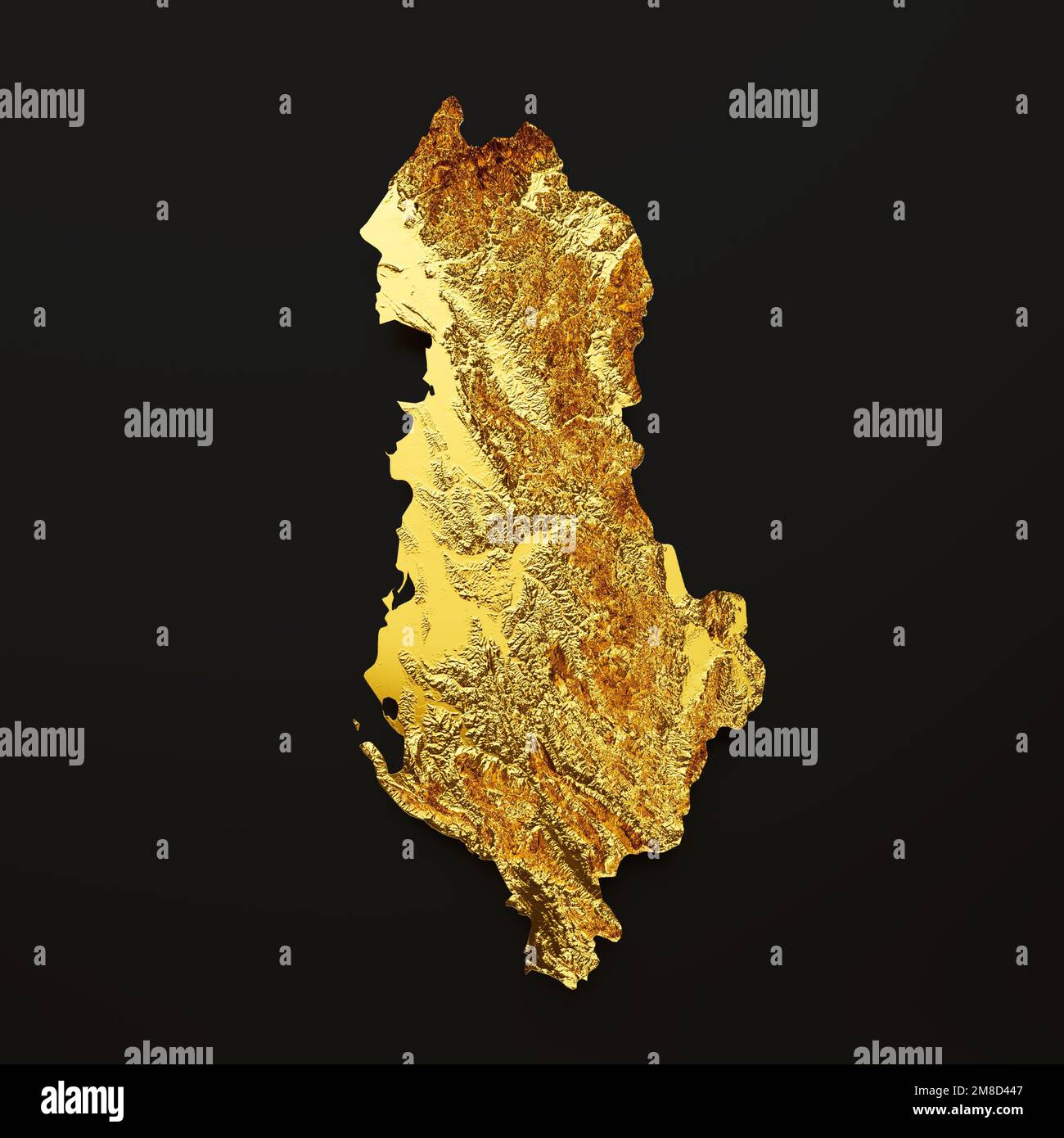 A 3D rendering of a luxurious gold Albania map isolated on a black