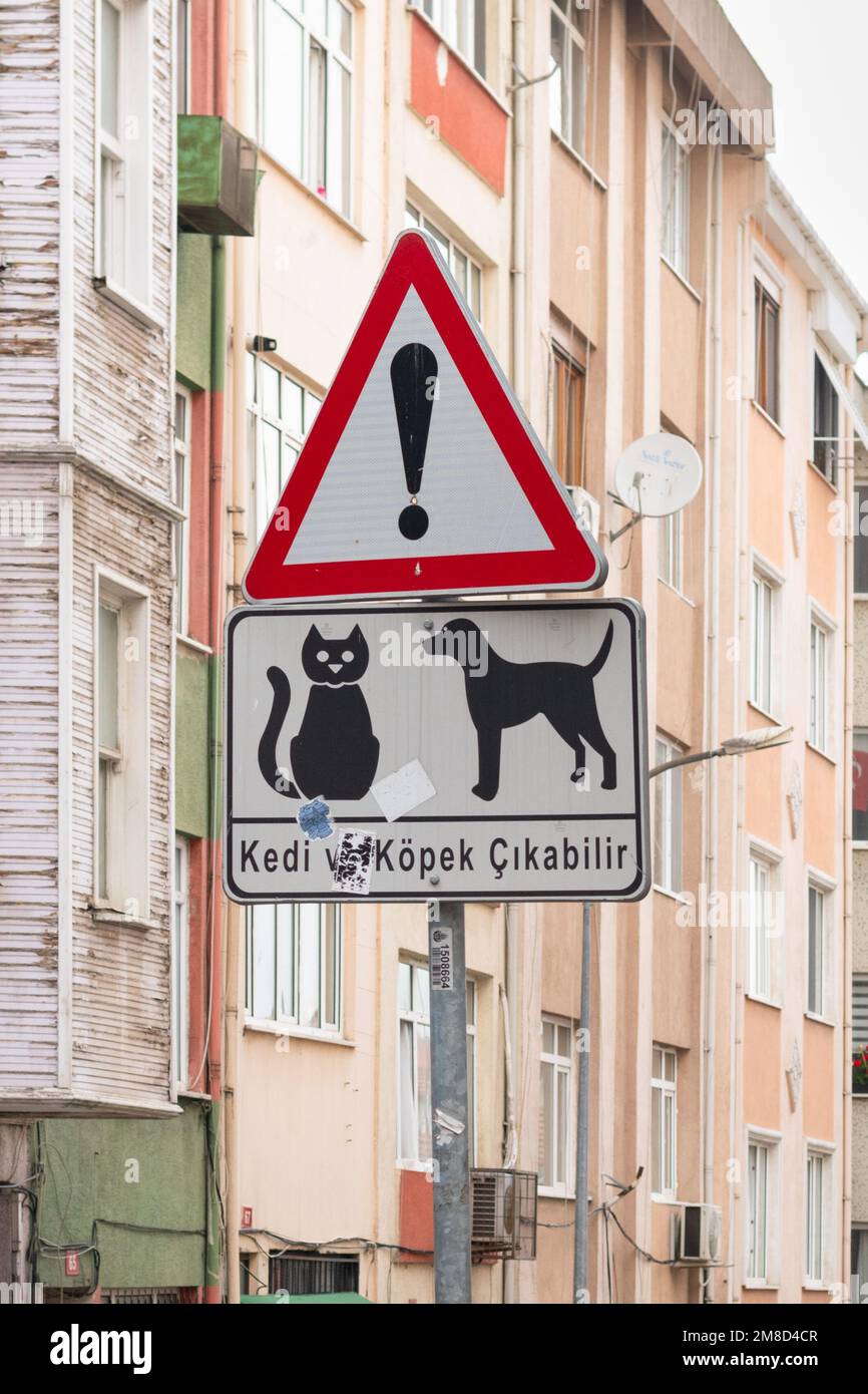 Traffic warning sign of cats and dogs wandering in the street