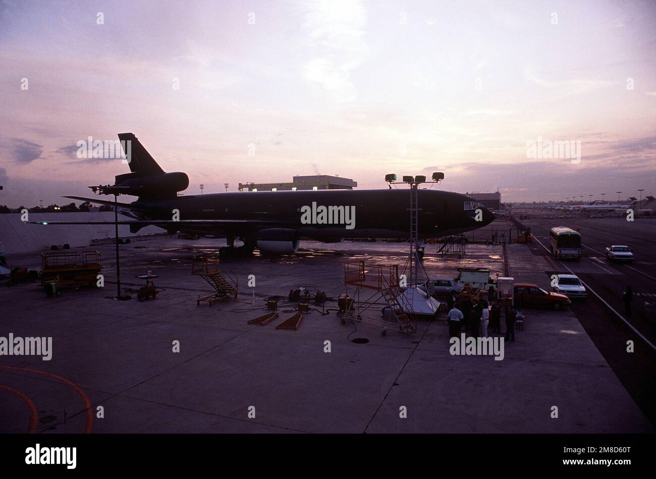 The 'The City of Goldsboro', the first KC-10A Extender aircraft to be assigned to the 68th Aerial Refueling Wing (68th AREFW), stands on the flight line at Mcdonnell Douglas' Long Beach Plant. The aircraft has transported base personnel and civic leaders to Long Beach for the ceremony during which the 68th AREFW will receive its twentieth KC-10A, dubbed the 'Spirit of Kitty Hawk', the final KC-10A to be delivered to the Air Force. Base: Long Beach State: California (CA) Country: United States Of America (USA) Stock Photo