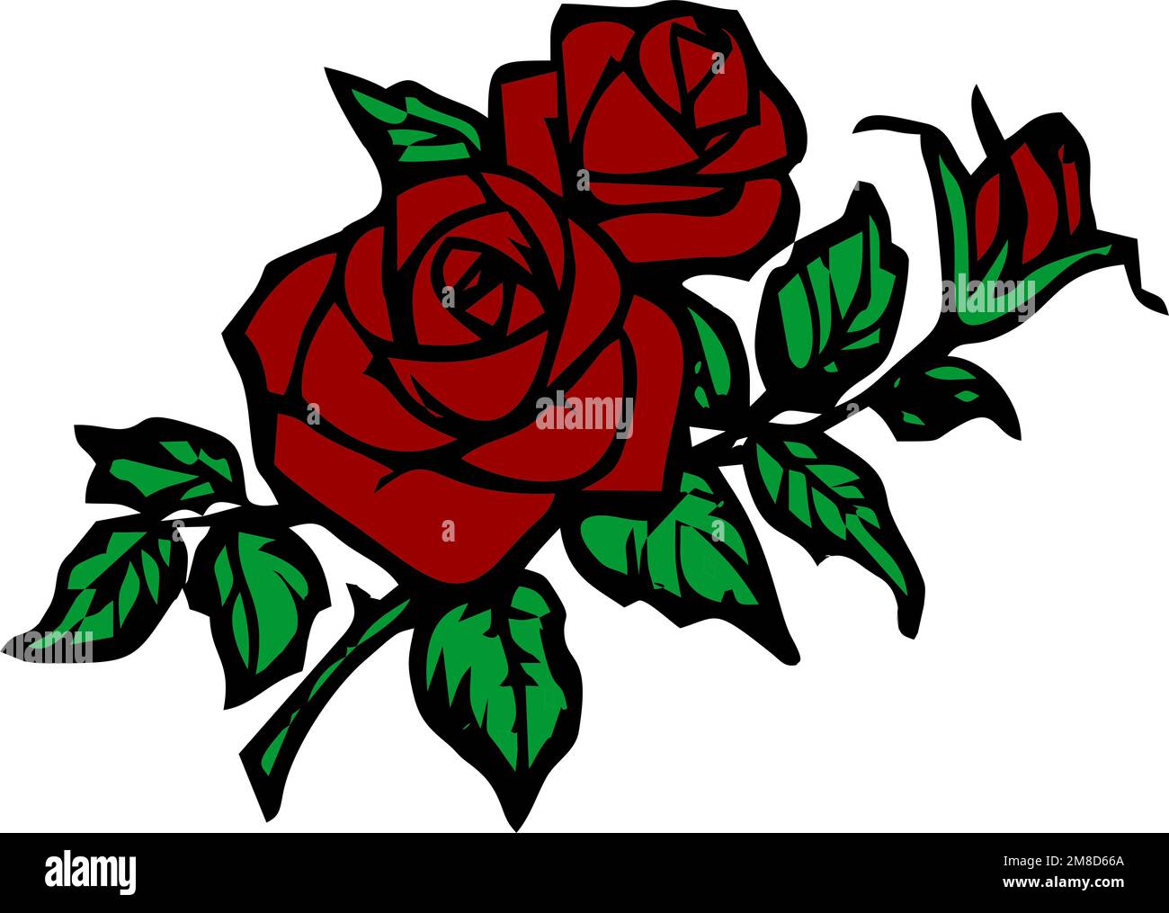 color drawing of a branch of a blooming red rose with a black outline