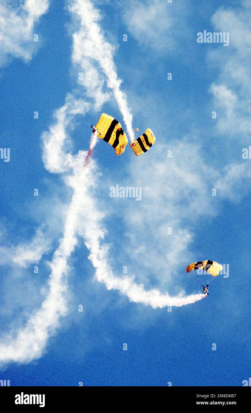 Trailing plumes of smoke, three members of the U.S. Army's Golden Knights parachute demonstration team maneuver around one another during a practice jump into Laurinburg Drop Zone. Base: Fort Bragg State: North Carolina (NC) Country: United States Of America (USA) Stock Photo