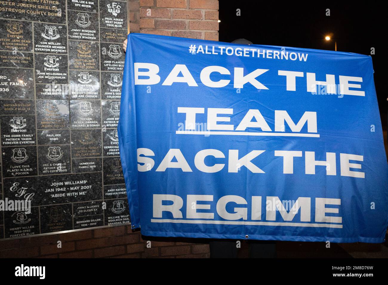 Everton fan’s show flag saying “Back The Team Sack The Regime” protesting during the Everton fan’s protest at Goodison Park, Liverpool, United Kingdom, 13th January 2023  (Photo by Phil Bryan/Alamy Live News) Stock Photo