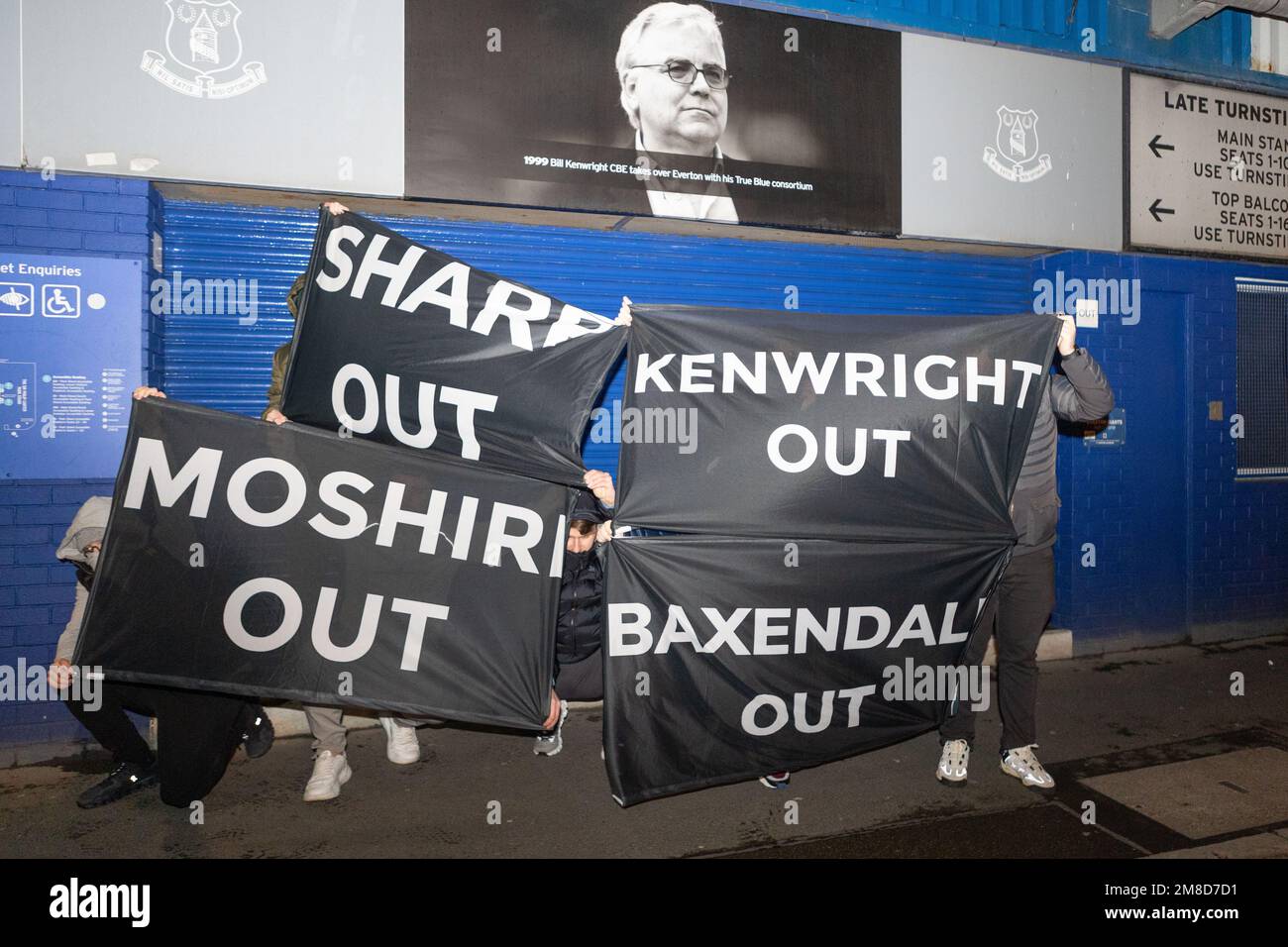 Everton fan’s show flags protesting during the Everton fan’s protest at Goodison Park, Liverpool, United Kingdom, 13th January 2023  (Photo by Phil Bryan/Alamy Live News) Stock Photo